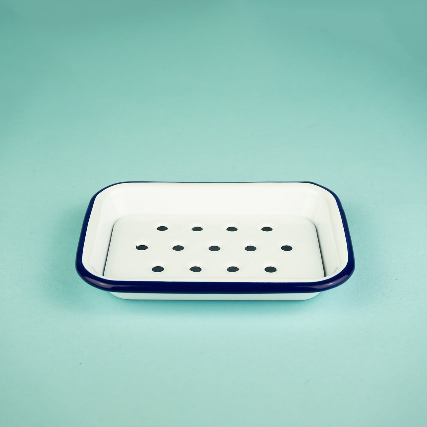 Enamel Soap Dish White Blue Rim
