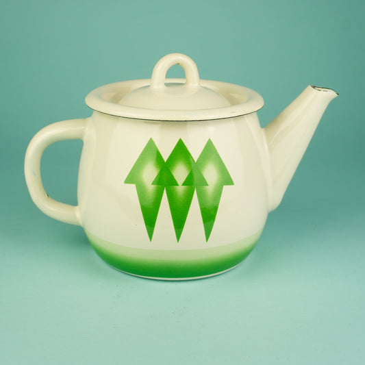 Cream and Green Geometric Enamel Teapot
